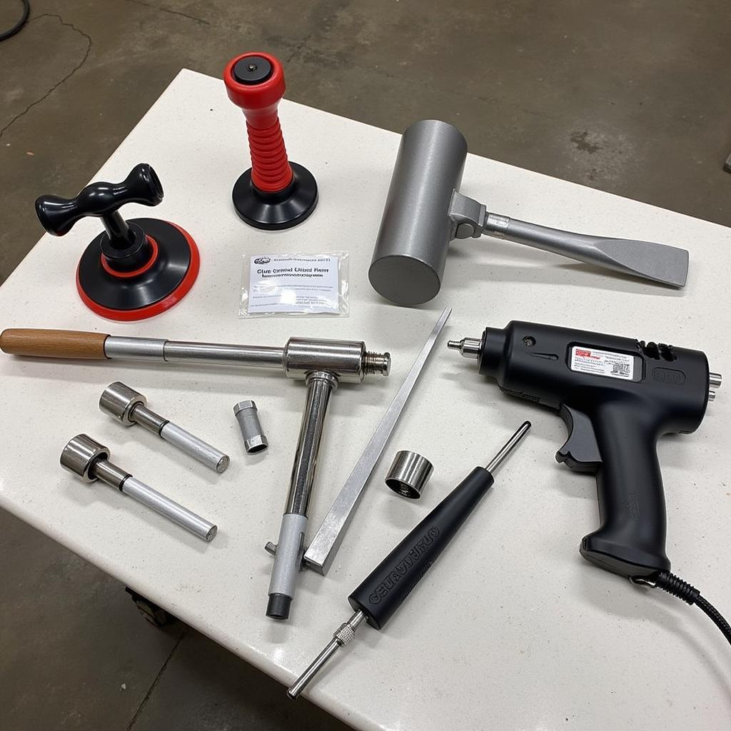 Dent Repair Tools: An assortment of tools for popping dents out of car including suction cups, glue pullers, and body hammers.