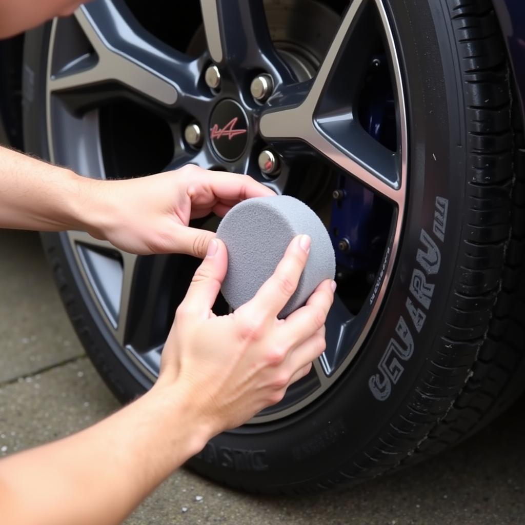 Detailer Applying Tire Dressing to a Car's Tires Using Specialized Applicator