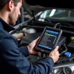 Technician Using a Diagnostic Scan Tool on a Car Engine