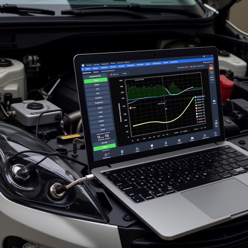 Diagnostic software displayed on a laptop screen connected to a car