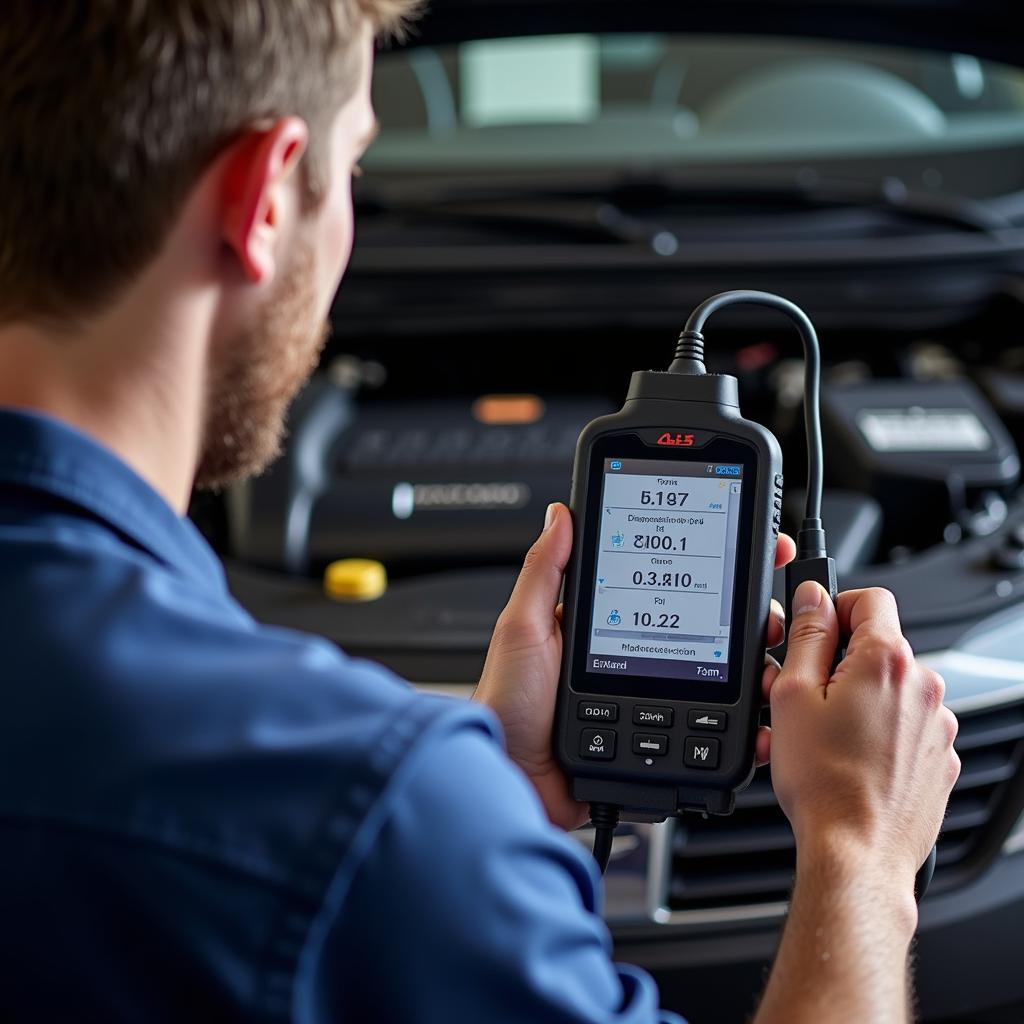 Automotive Technician Using a Diagnostic Tool on a Vehicle