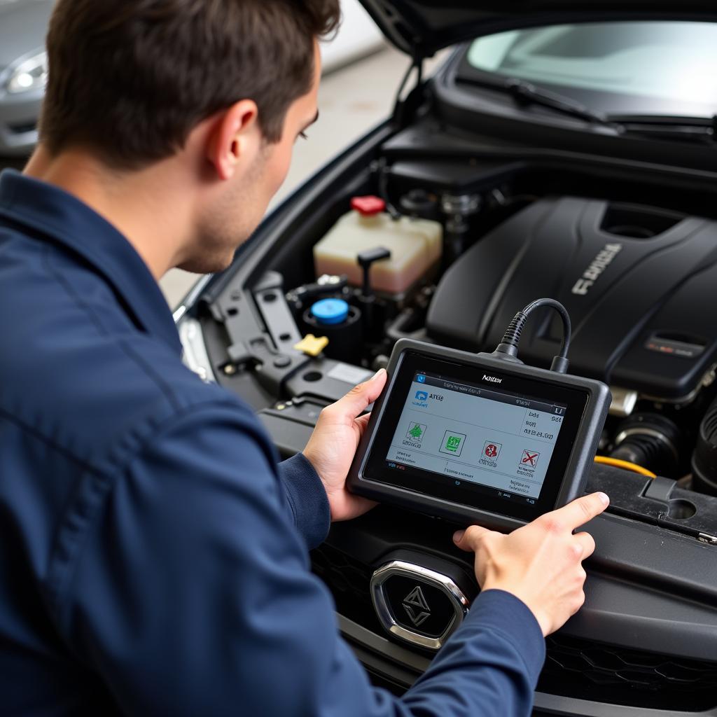 Mechanic Using a Diagnostic Tool Kit to Troubleshoot a Car's Electrical System