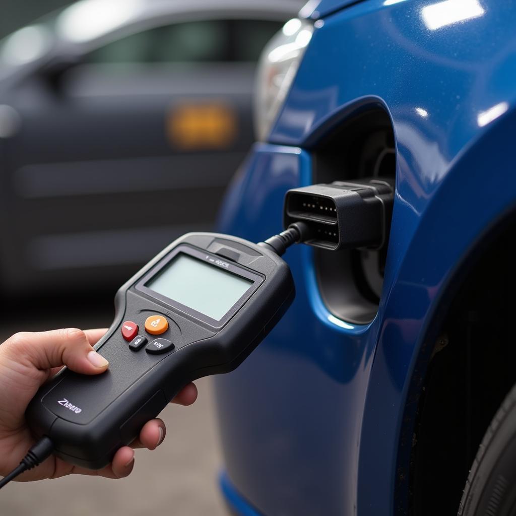 Clipart of an OBD-II scanner plugged into a car's diagnostic port.