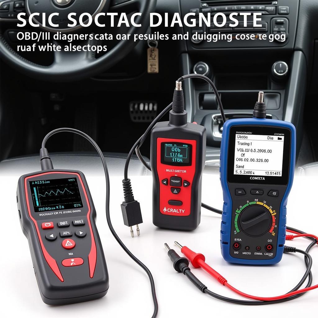 Advanced diagnostic tools for car maintenance: OBD-II scanner, multimeter, code reader.