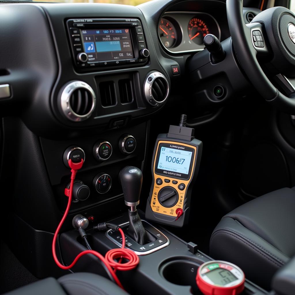 Diagnostic tools for a Liberty Spot Jeep: OBD-II scanner, multimeter, and pressure gauge.