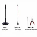 Different types of car antennas: mast, powered, fin-style and their corresponding removal tools.