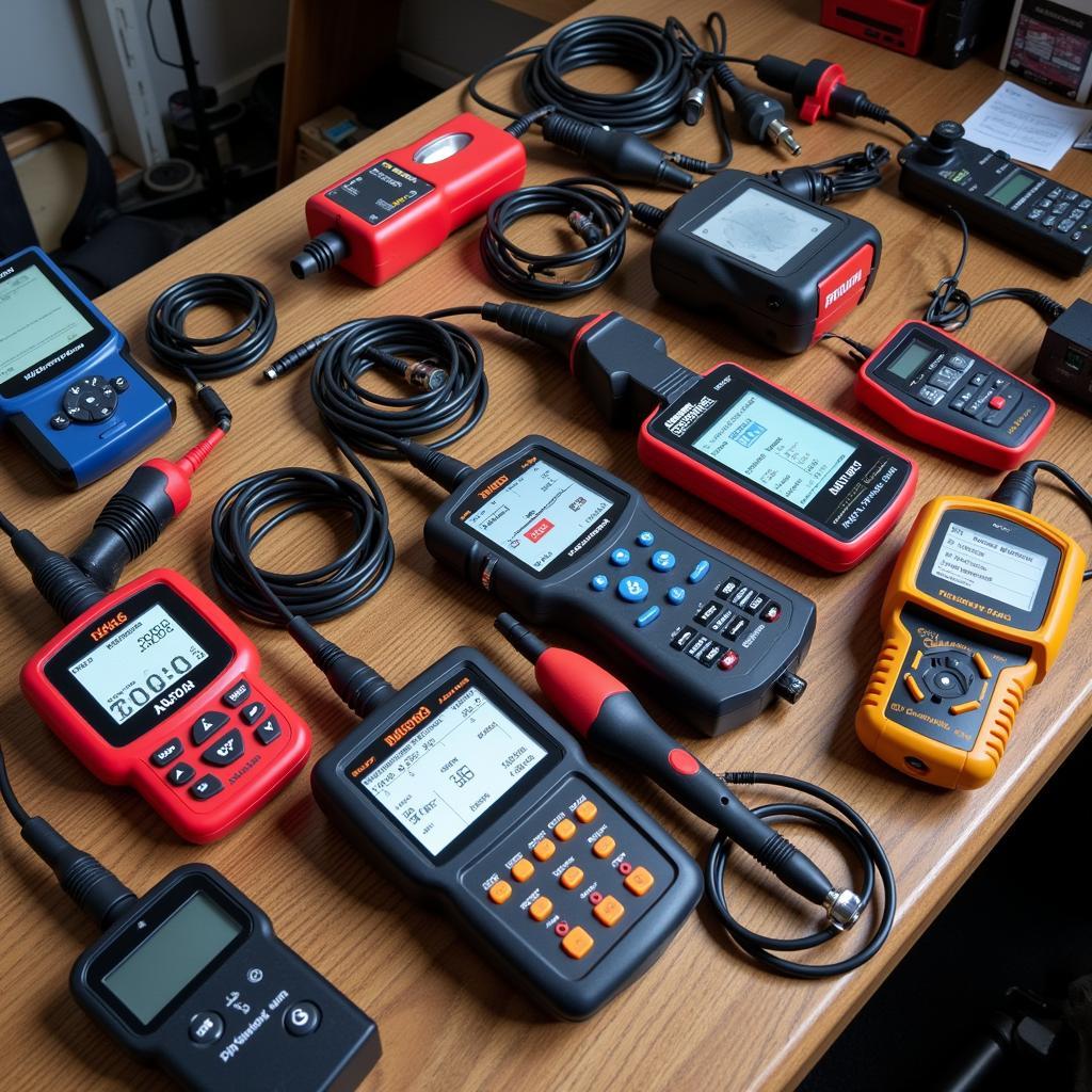 Assortment of car diagnostic tools, including OBD2 scanners, code readers, and software.