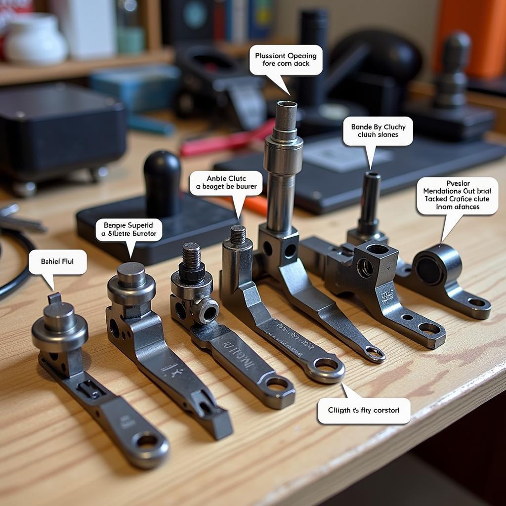 Various types of RC car clutch tools laid out on a workbench