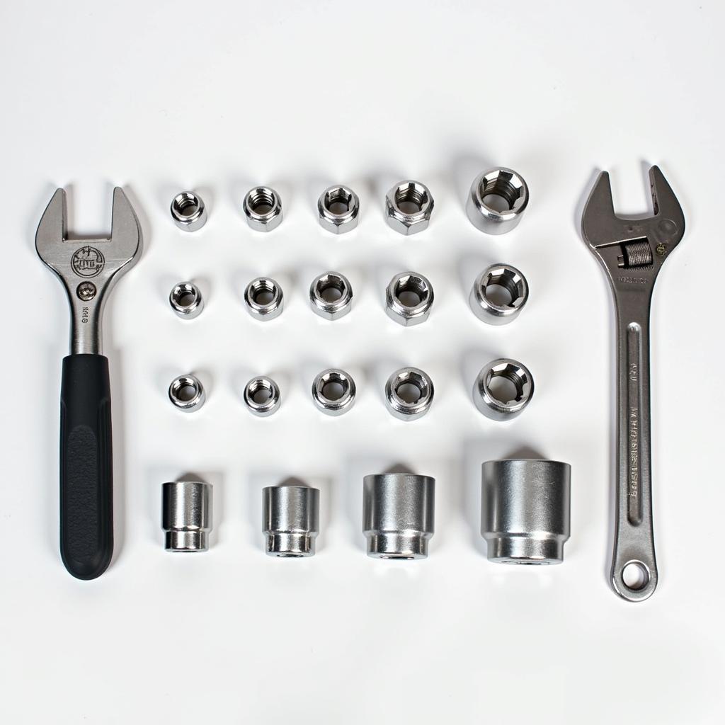 Various Sized Lug Nuts and Corresponding Wrenches