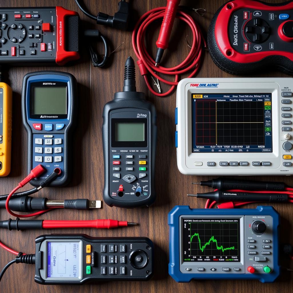 Various Automotive Diagnostic Tools on a Workbench