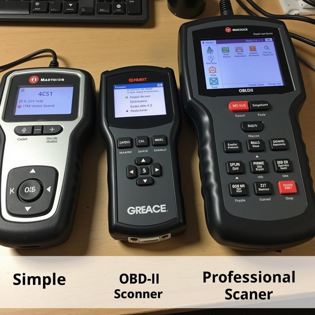 Various Car Diagnostic Tools Displayed on a Workbench