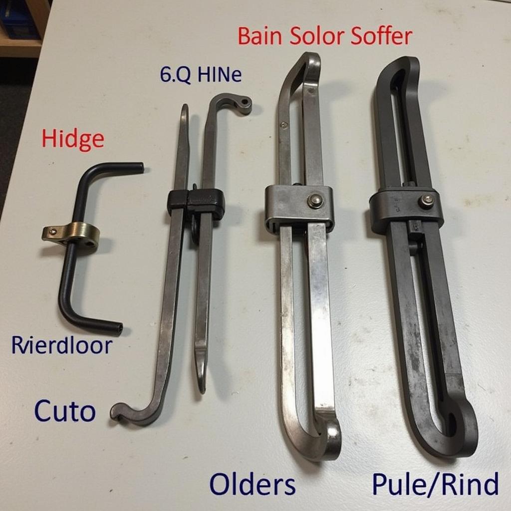 A collection of different types of car door hinge bending tools, including hydraulic spreaders and screw-type adjusters.