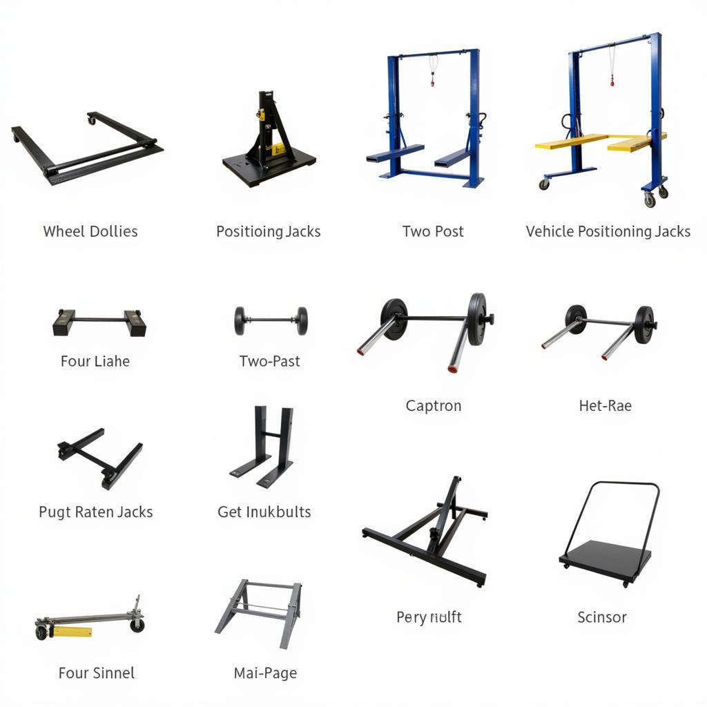 Various car rolling tools including dollies and lifts