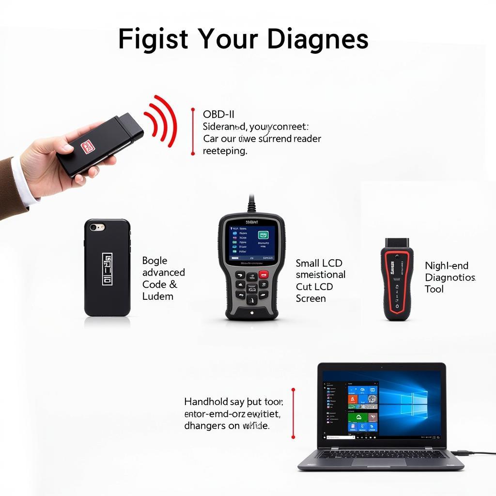 A variety of car scanner tools, ranging from basic OBD2 dongles to professional handheld scanners.