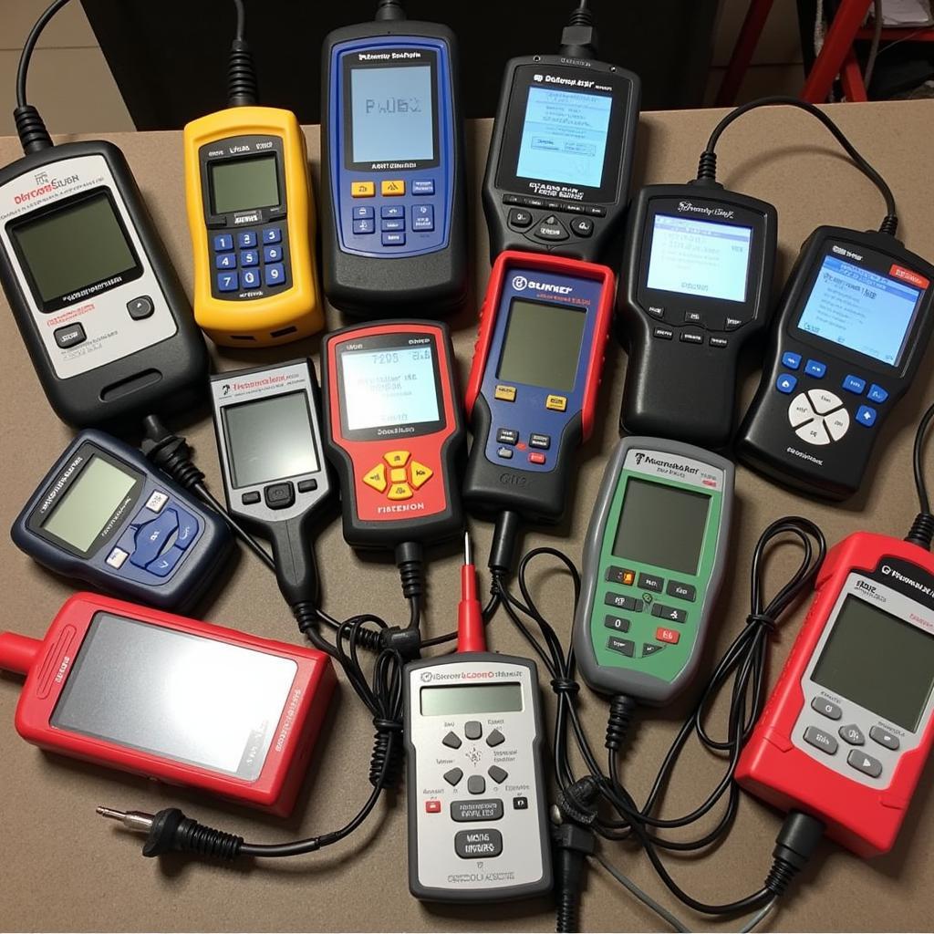 Various car and truck engine diagnostic tools displayed on a workbench.