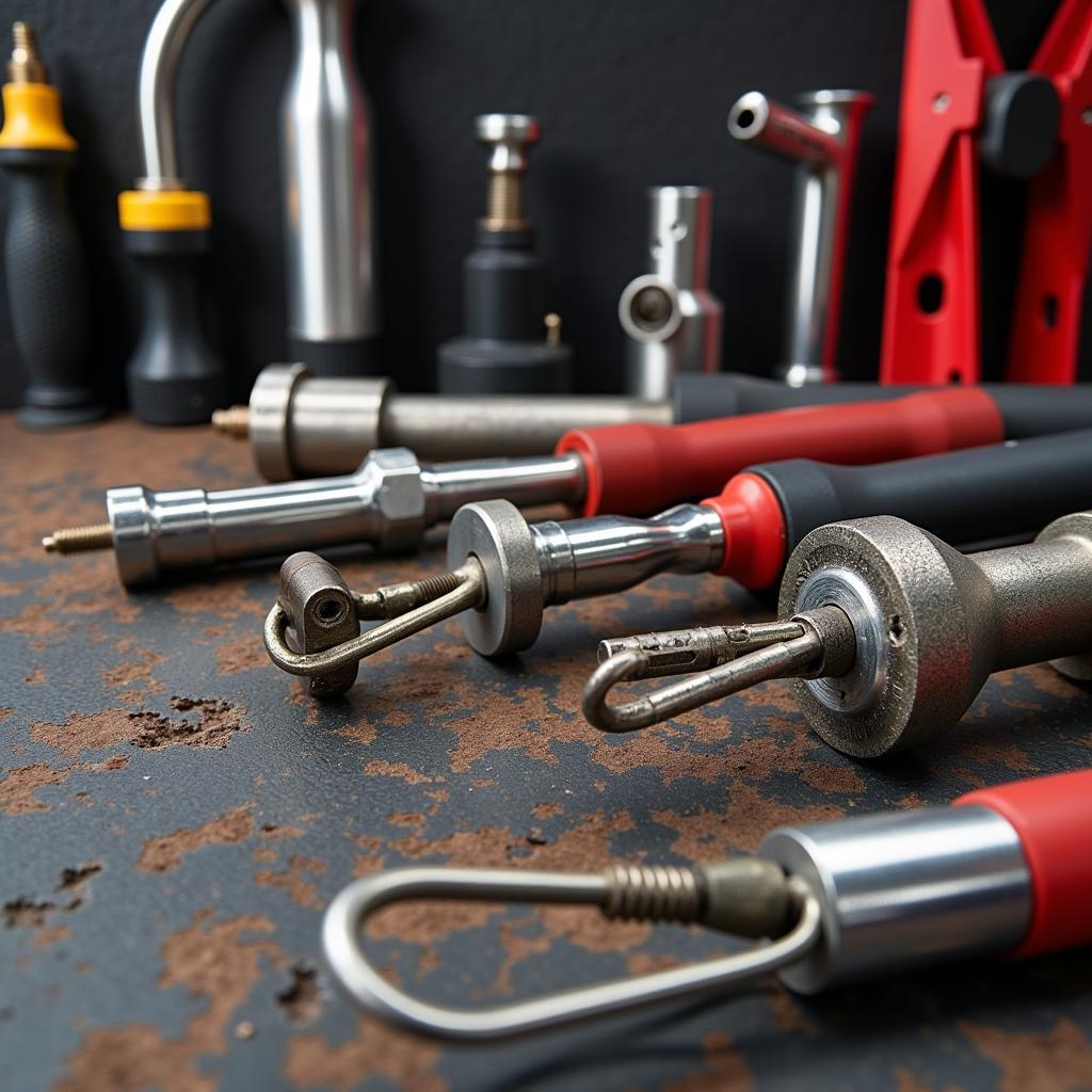 Various on-car flaring tools displayed on a workbench.