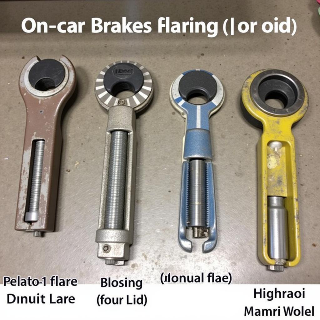 A selection of different on-car brake flaring tools, showcasing single flare, double flare, hydraulic, and manual varieties.