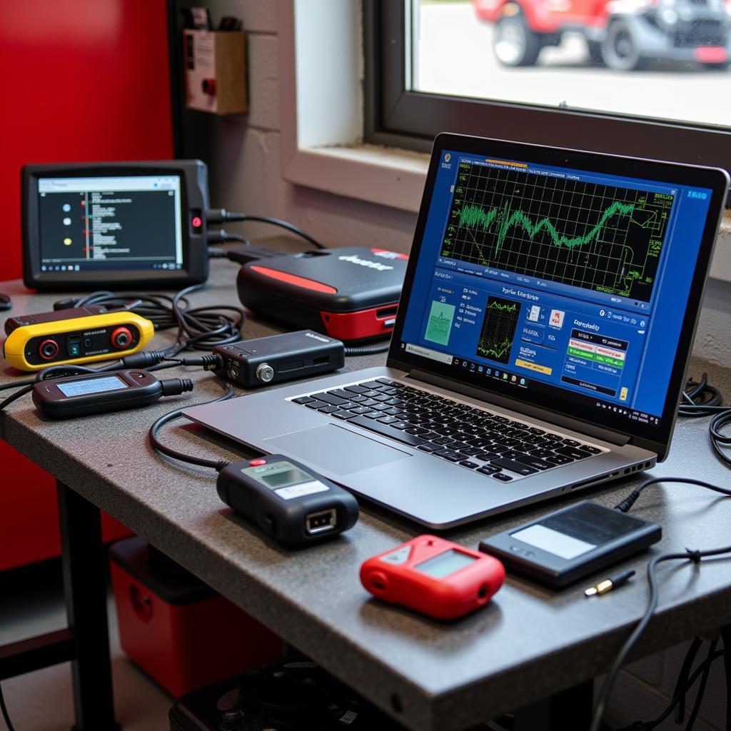 A variety of race car diagnostic tools, ranging from handheld devices to laptop-based software, are displayed on a workbench, showcasing the range of options available.