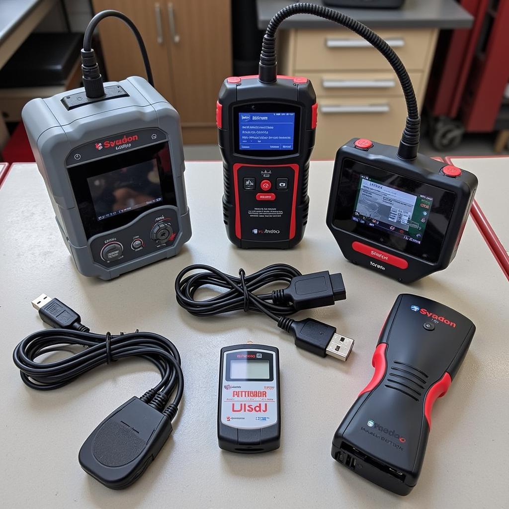 Various car diagnostic scan tools displayed on a workbench