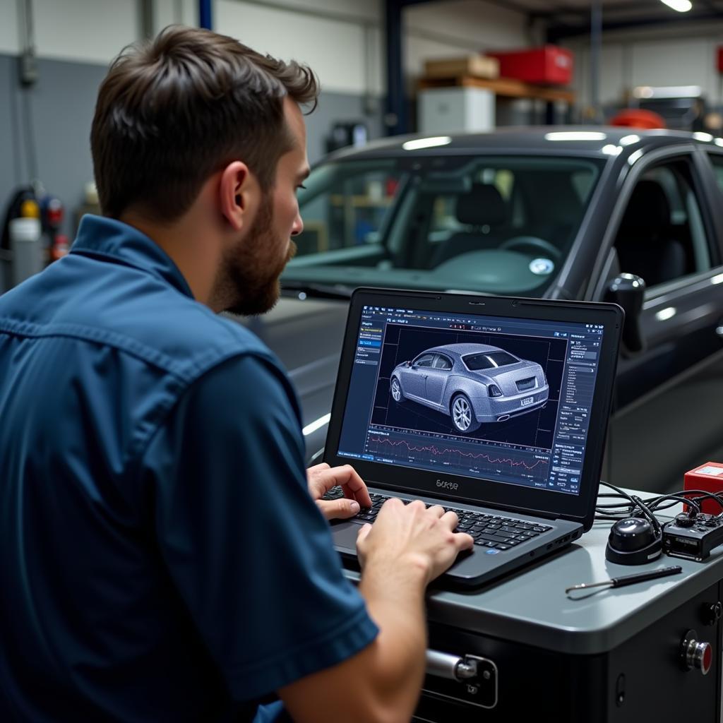 Mechanic Accessing Diagnostic Software on a Laptop in a Garage Setting