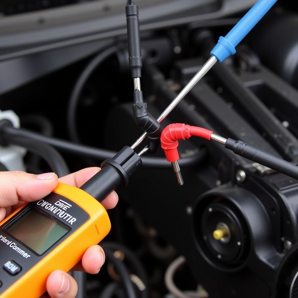 Digital Multimeter Testing Circuit Image: A digital multimeter being used to test the continuity of an electrical circuit in a car.