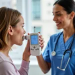 A patient undergoing a lung capacity test using a digital spirometer.