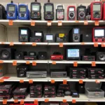 Discount car diagnostic tools and car audio equipment on display.