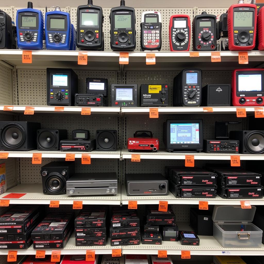 Discount car diagnostic tools and car audio equipment on display.