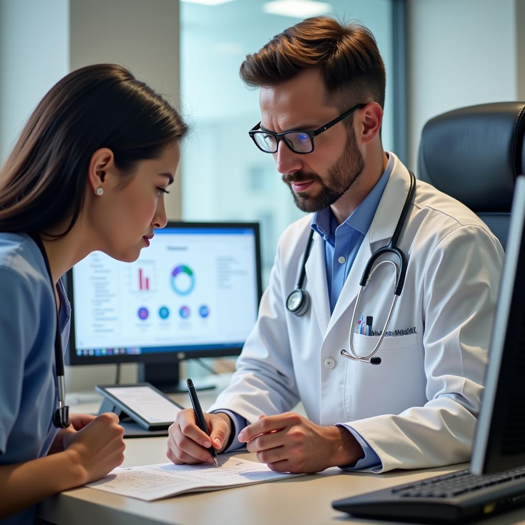 Doctor Reviewing Patient Chart with Survival Tool: A physician carefully reviews a patient's medical chart while referencing the critical care survival tool on a nearby computer monitor.