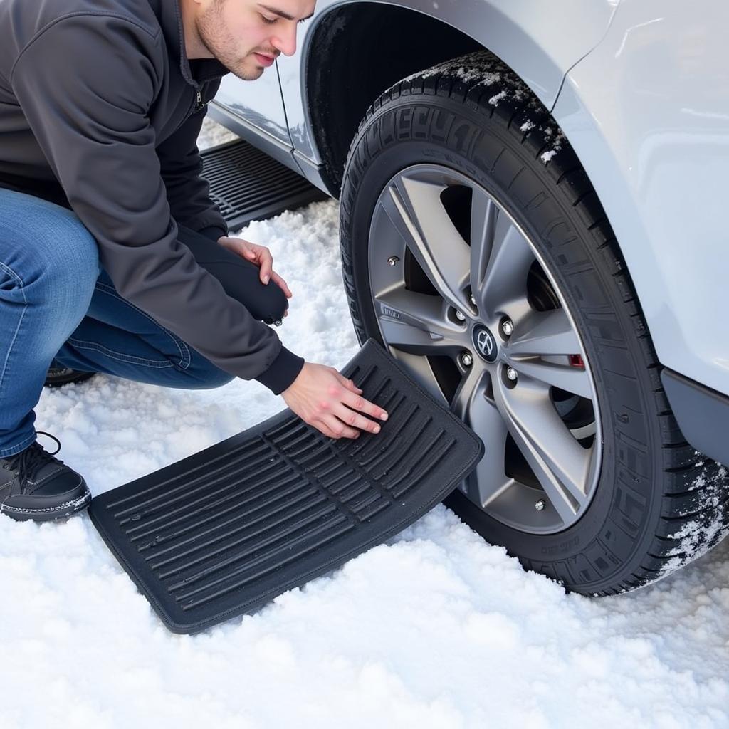 Driver Using Traction Mats to Free Stuck Car