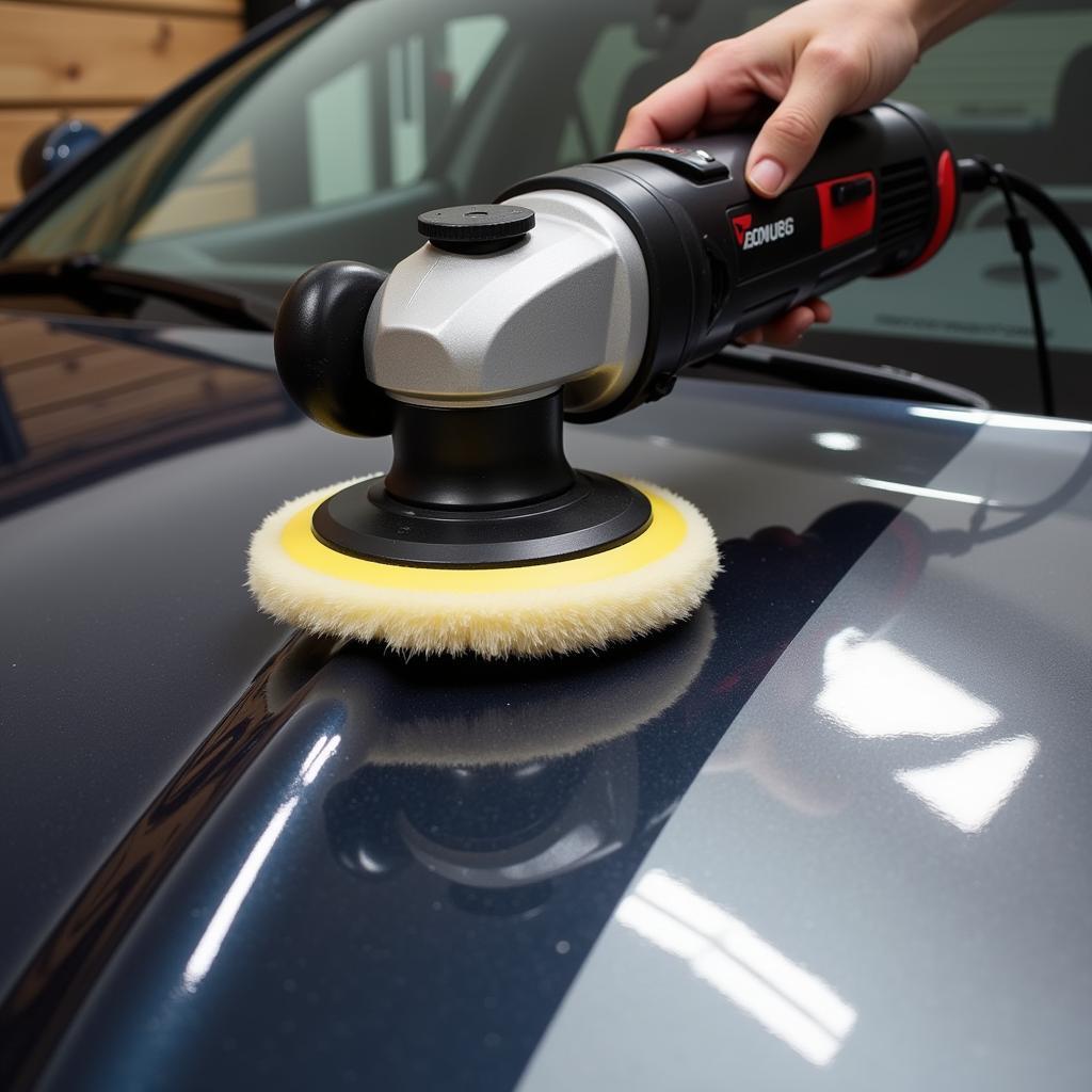 Dual-action polisher being used to polish a car's hood