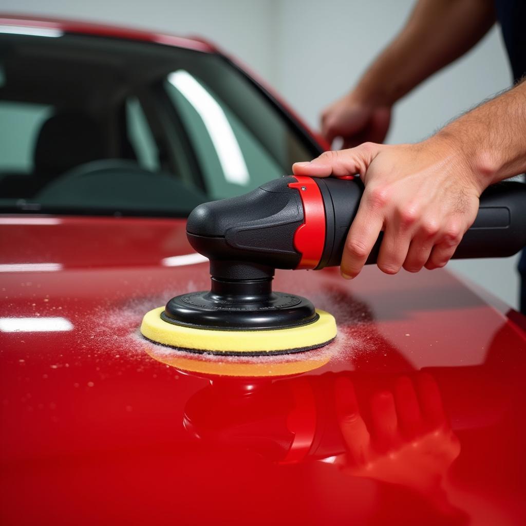 Dual-action polisher being used to polish a car