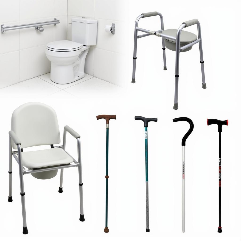 Assistive devices for elderly care like grab bars, walkers, and canes.