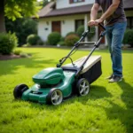 Electric Lawn Mower Maintaining a Lush Green Lawn