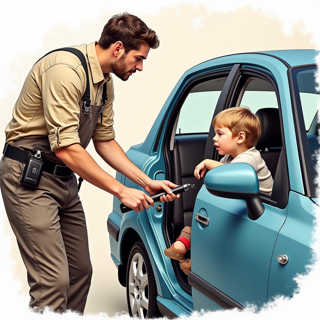 Emergency locksmith unlocking a car with specialized tools