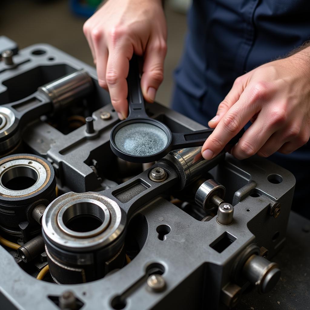 Engine Component Inspection - A close-up view of a mechanic inspecting engine components for wear and tear.