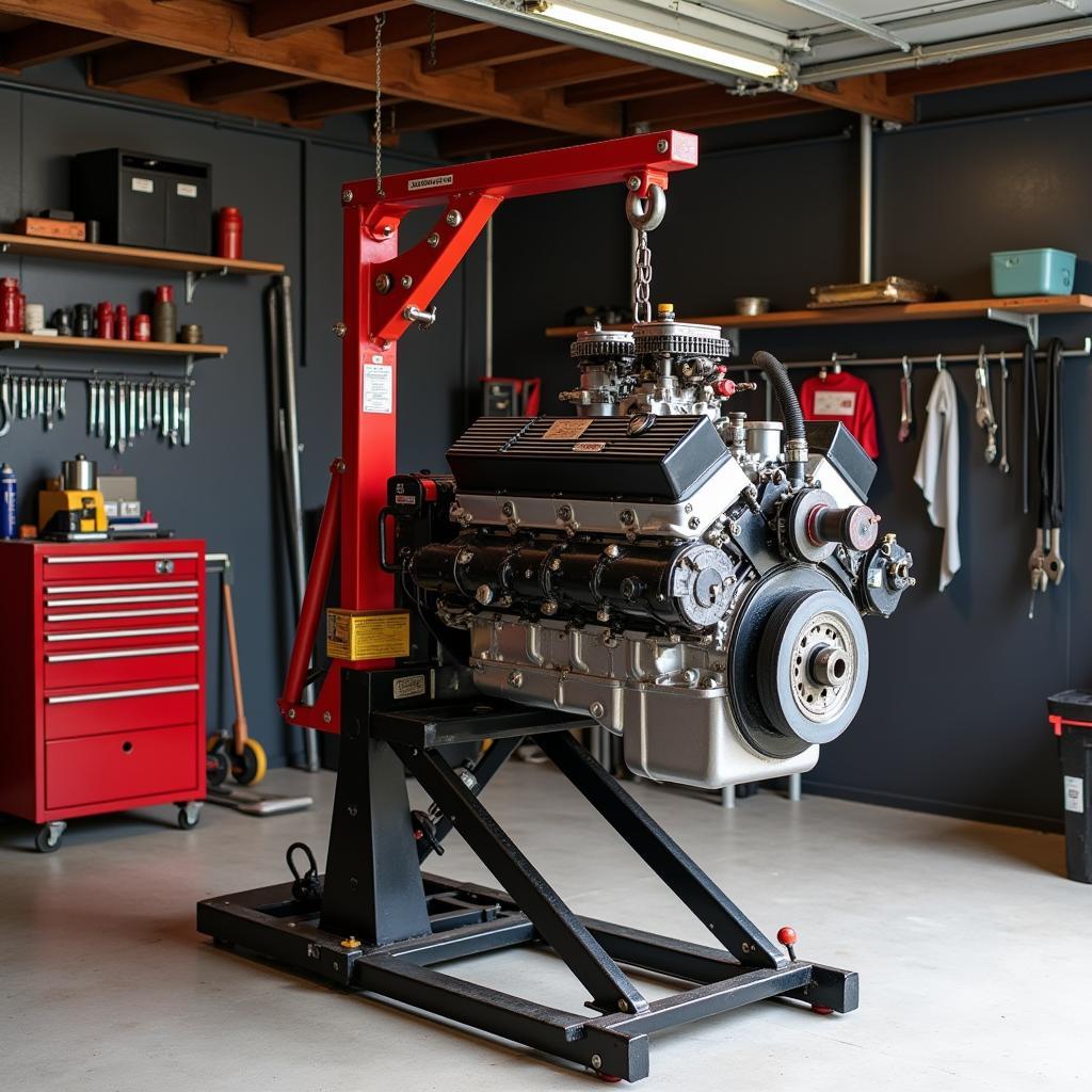 Engine hoist and stand set up in a garage for engine removal