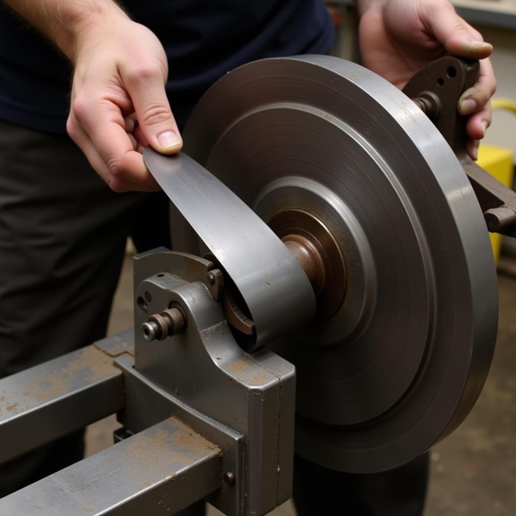 An English wheel being used to shape sheet metal for a race car body panel.