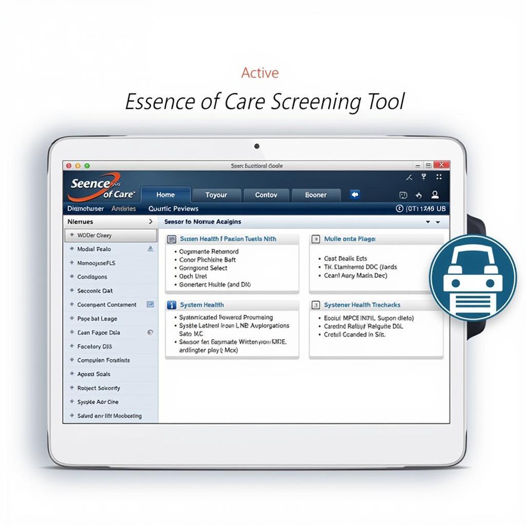 Modern Car Diagnostic Software Interface Showing Essence of Care Screening Tool