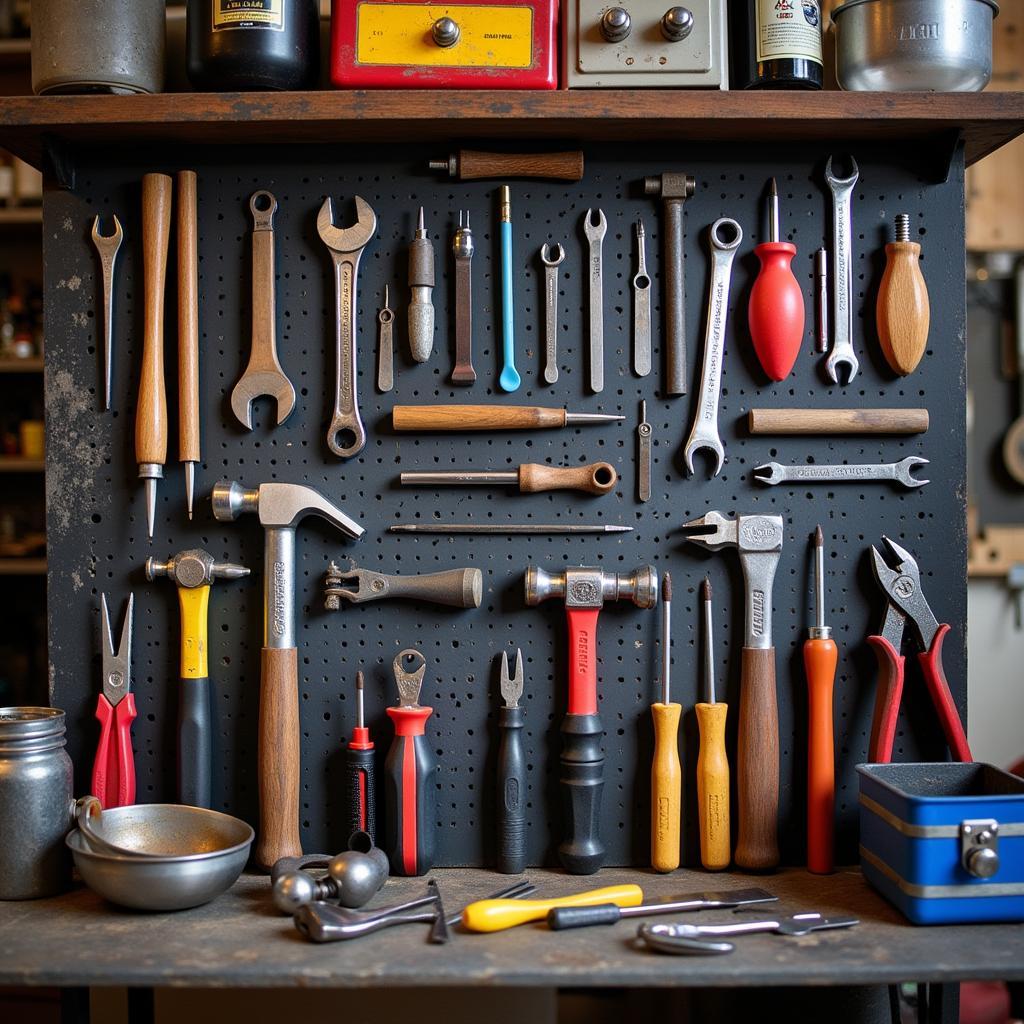 Essential car body shop tools in a UK workshop.