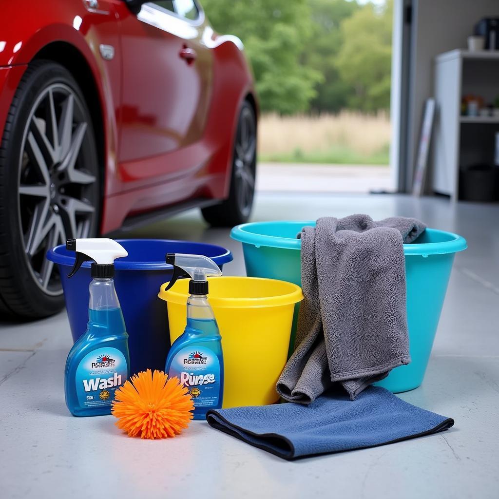 Essential car cleaning kit Australia: Wash mitt, buckets, soap, drying towel, wheel cleaner, and tire brush