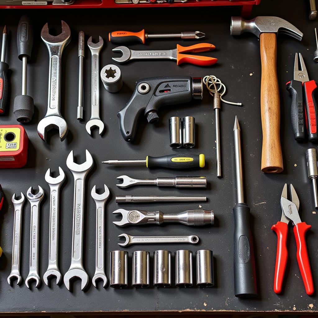 Essential car repair tools laid out on a workbench.