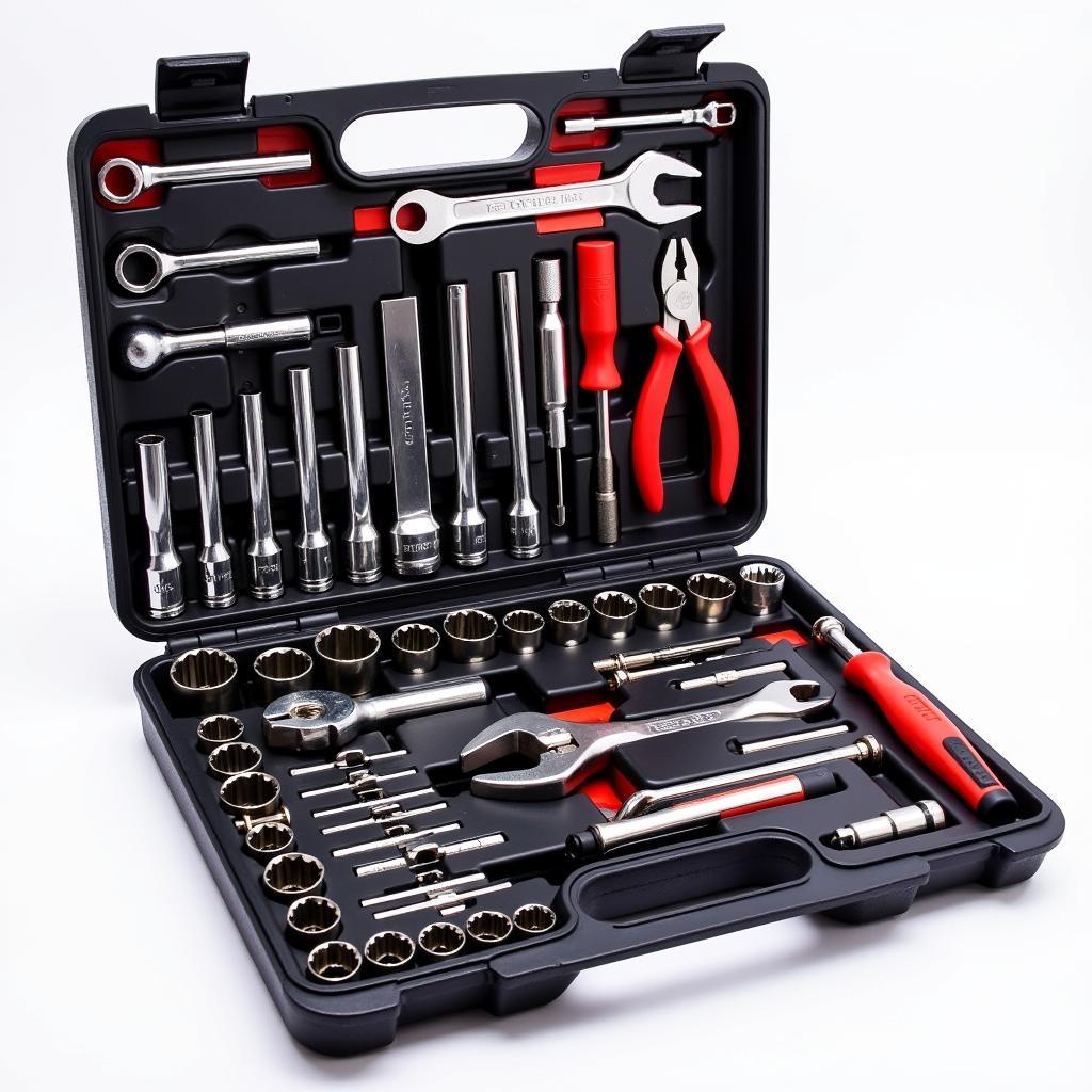 An organized car repair tools kit with essential tools