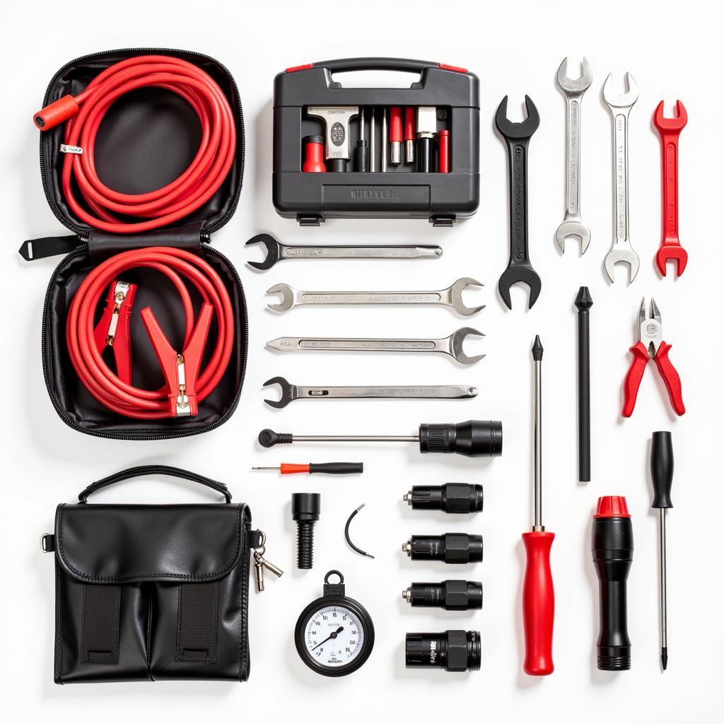 A comprehensive car repair tool kit with various essential tools.