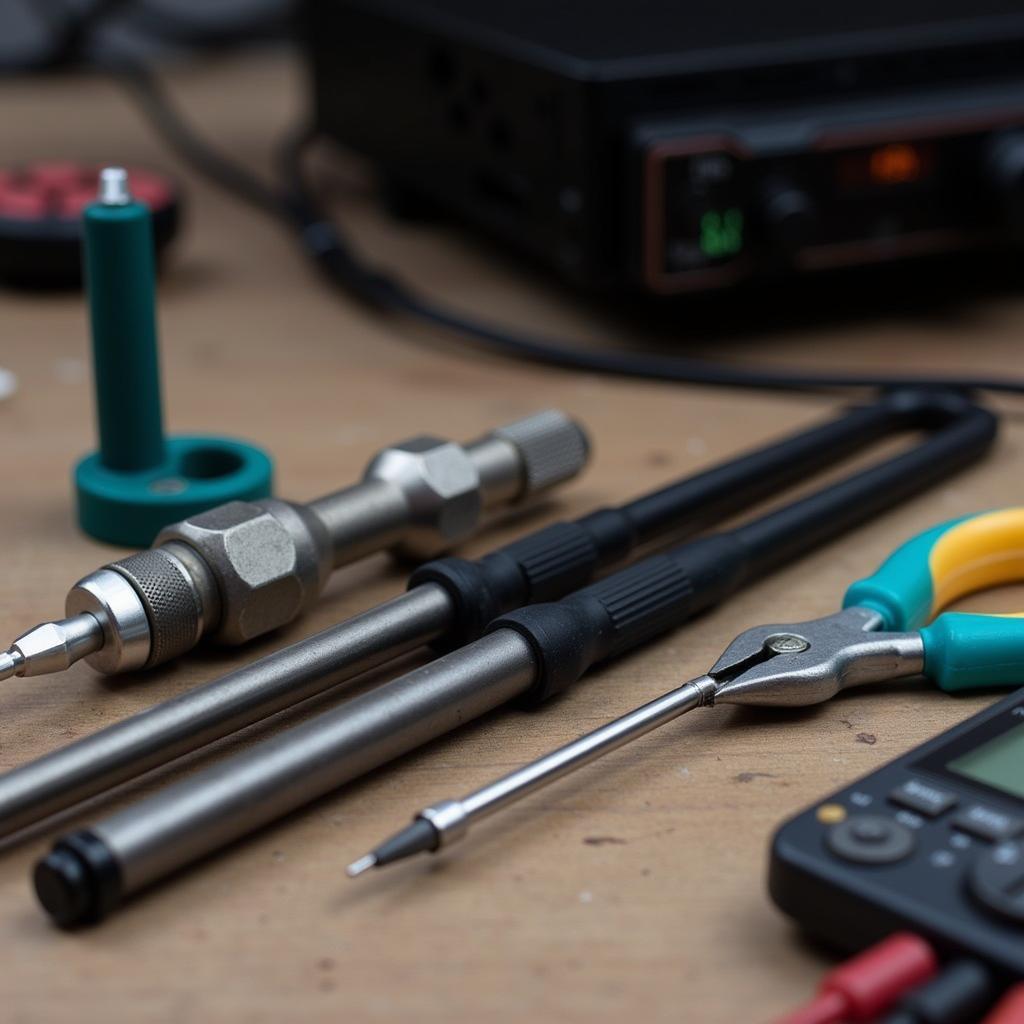 Essential tools for car stereo repair: screwdrivers, pliers, and a multimeter