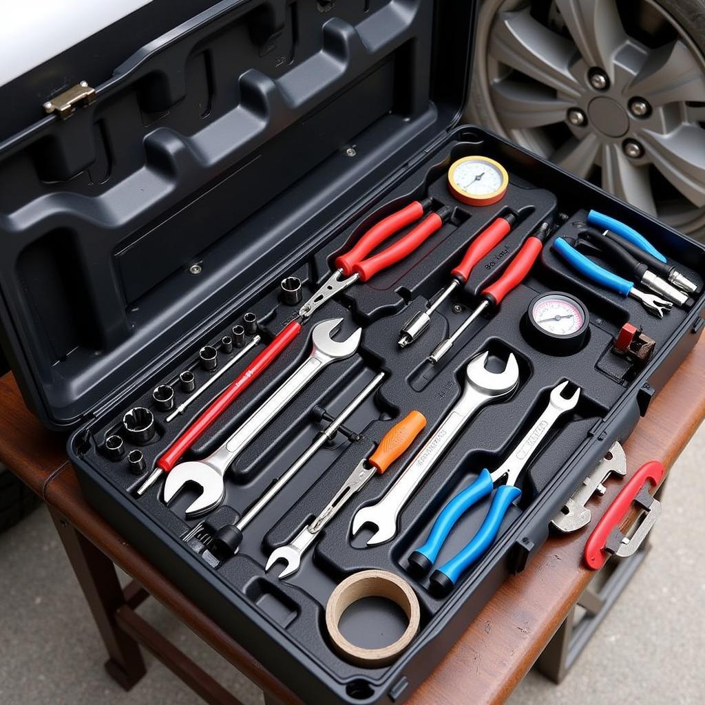 Essential car tool kit organized in a toolbox