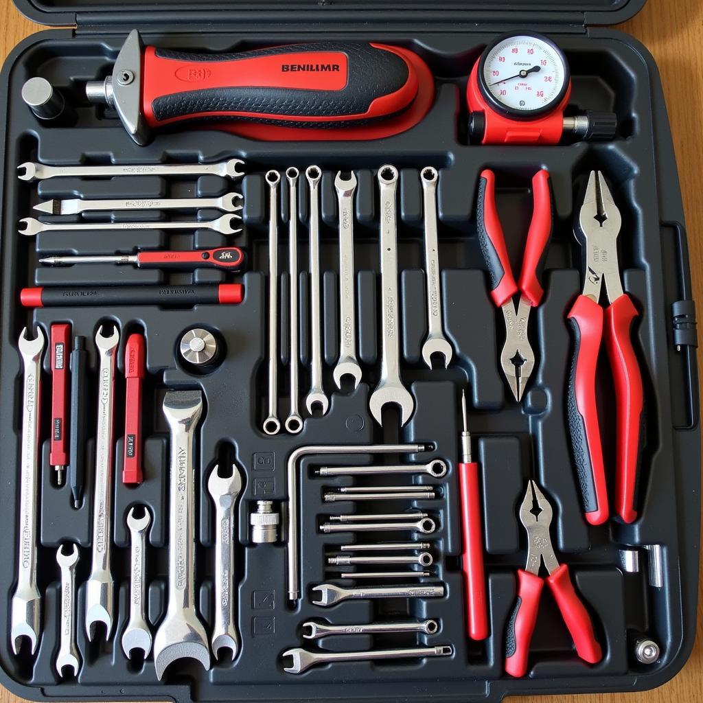 Essential Car Tools Kit Displayed on a Workbench