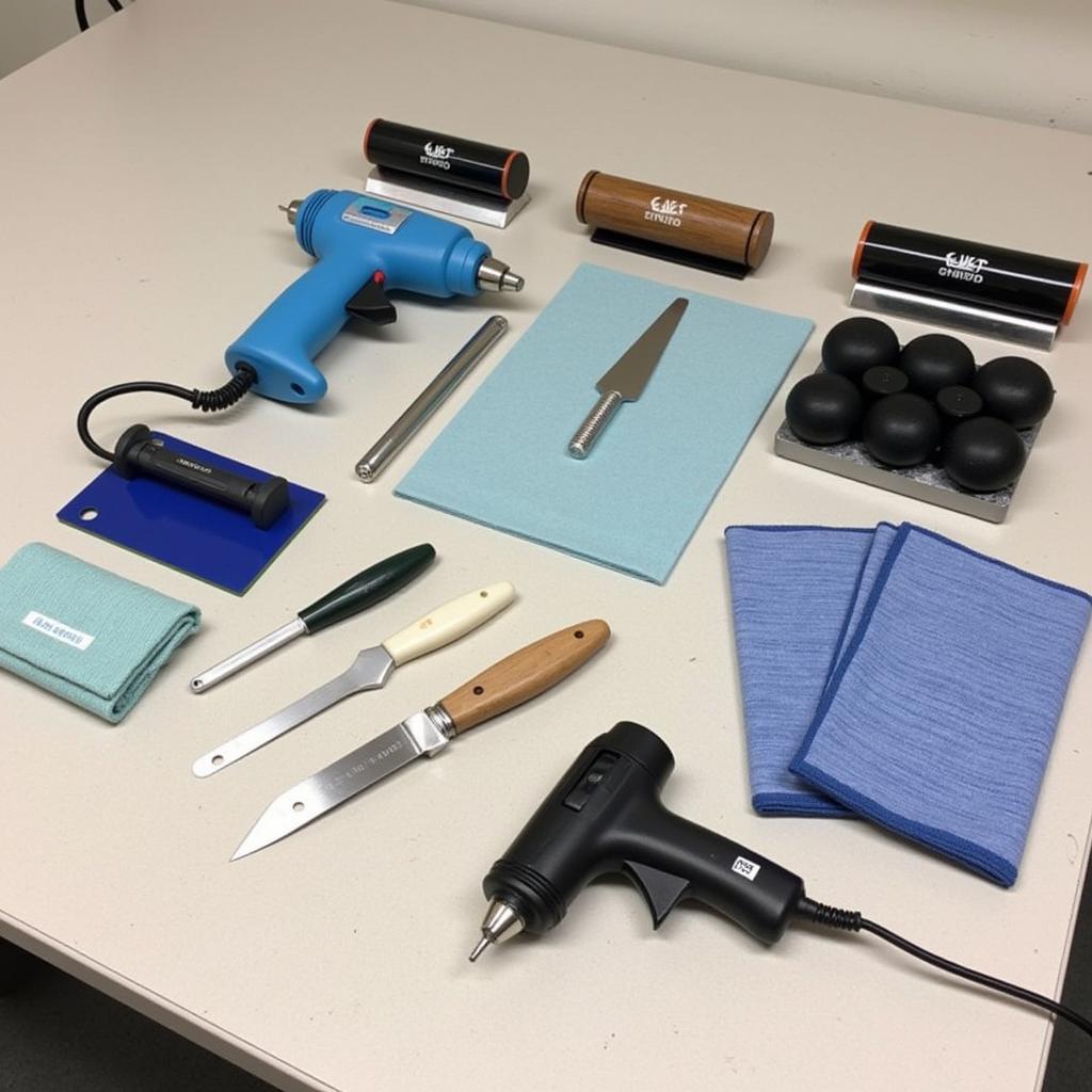 A complete car wrap tool kit displayed on a workbench.