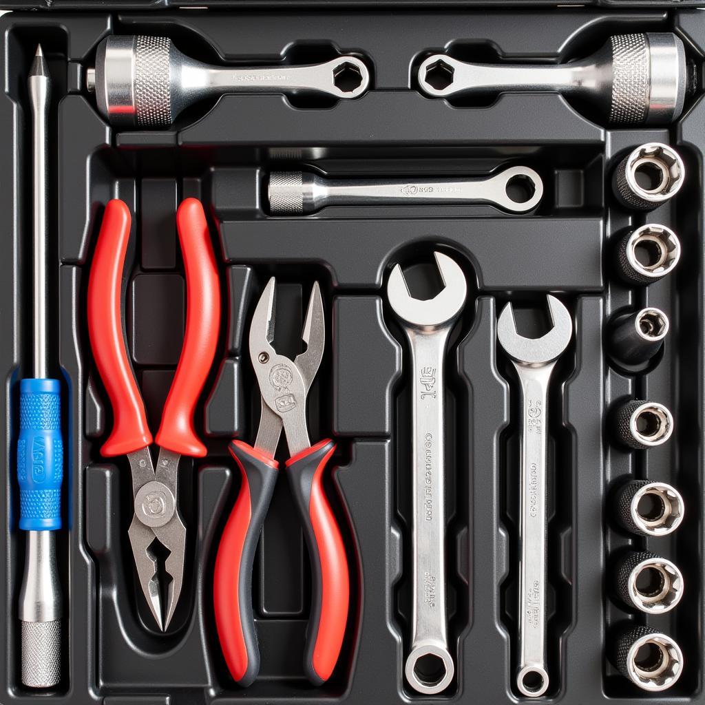 Assortment of screwdrivers, wrenches, pliers, and a socket set for roadside repairs