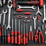 Essential hand tools including wrenches, screwdrivers, and pliers laid out on a workbench.